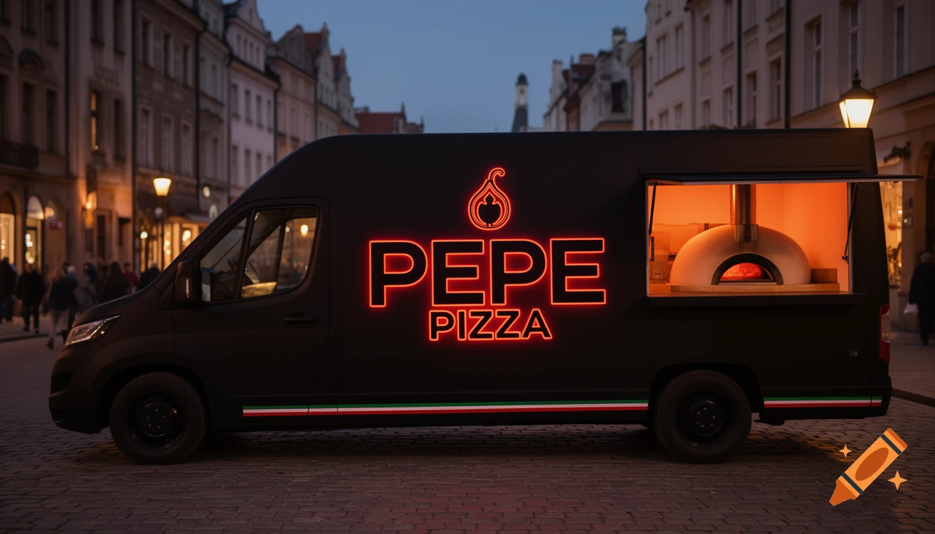 A matte black food truck with a glowing "PEPE PIZZA" sign and an open window showing a pizza oven, parked on a cobblestone street in a European city at dusk.
