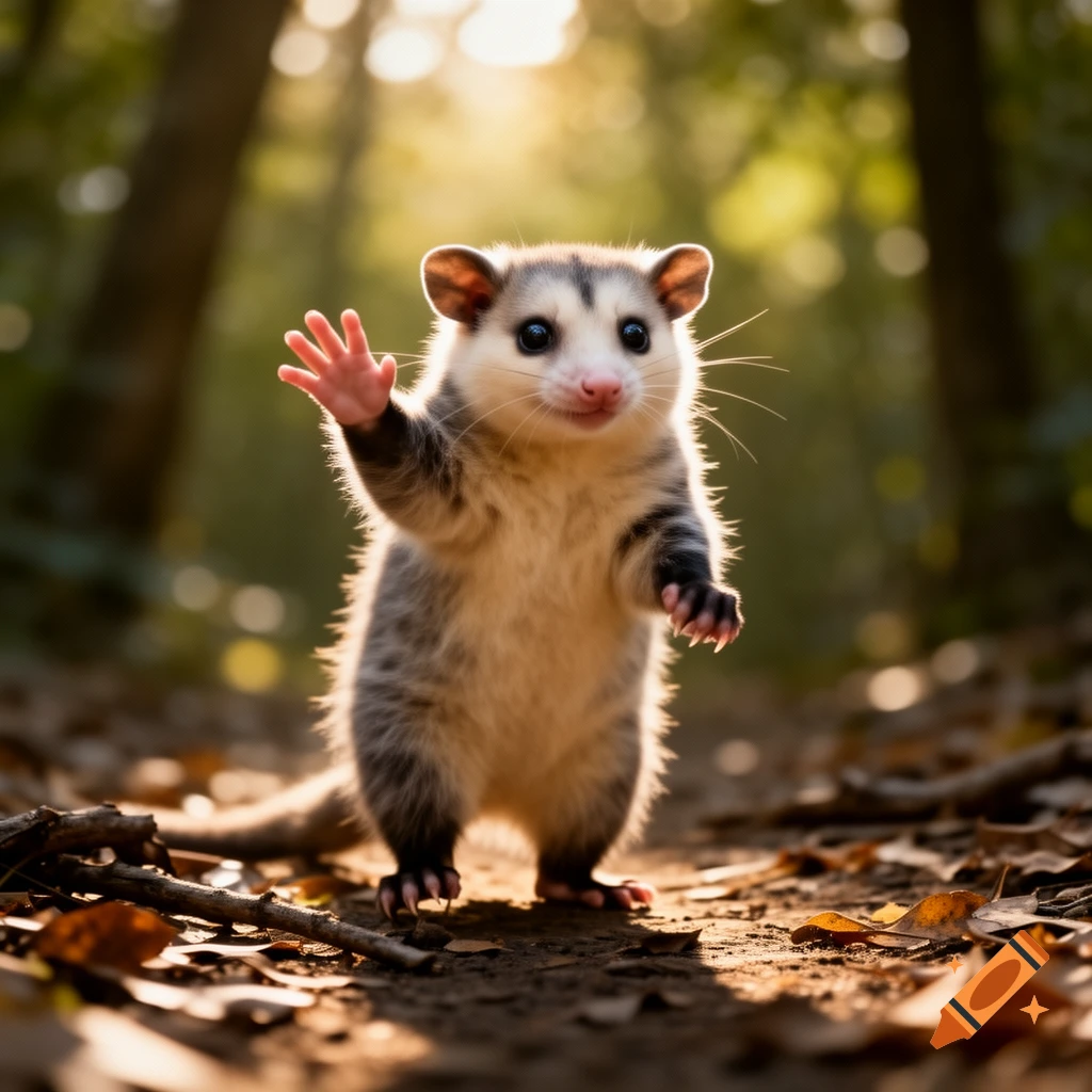 A cute possum stands upright on a forest path, waving with one paw as sunlight streams through the trees in the background.