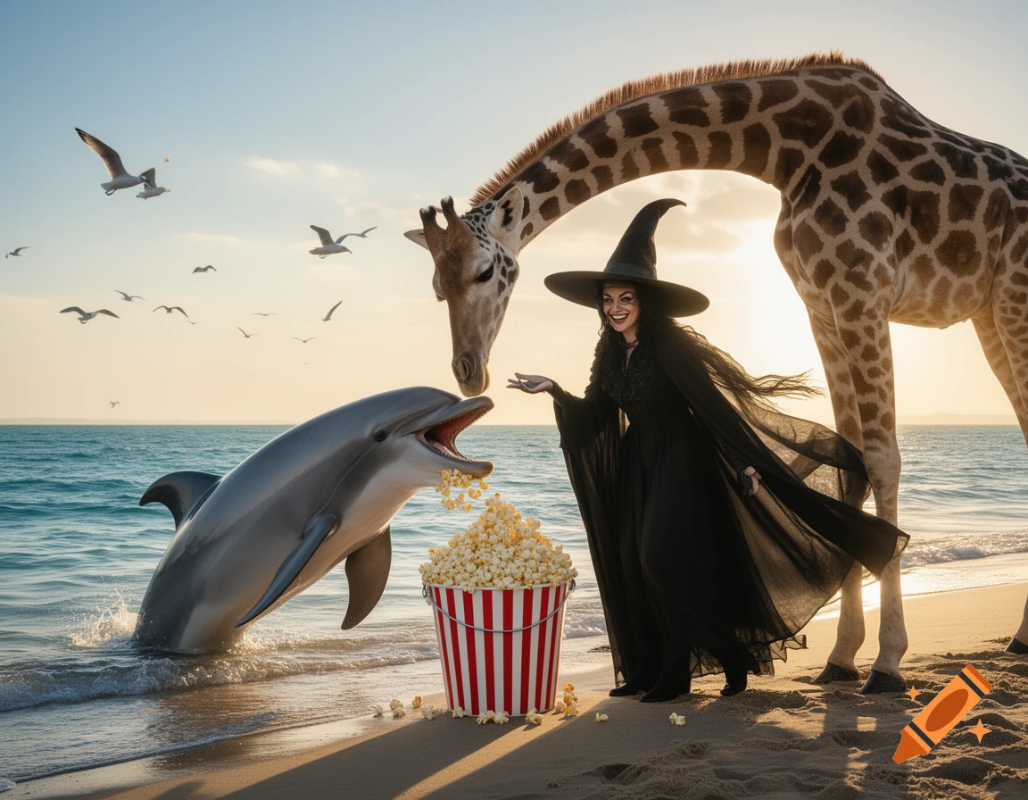 A photorealistic image of a witch, a giraffe, and a dolphin on a beach at sunset, with the dolphin eating popcorn from a bucket.