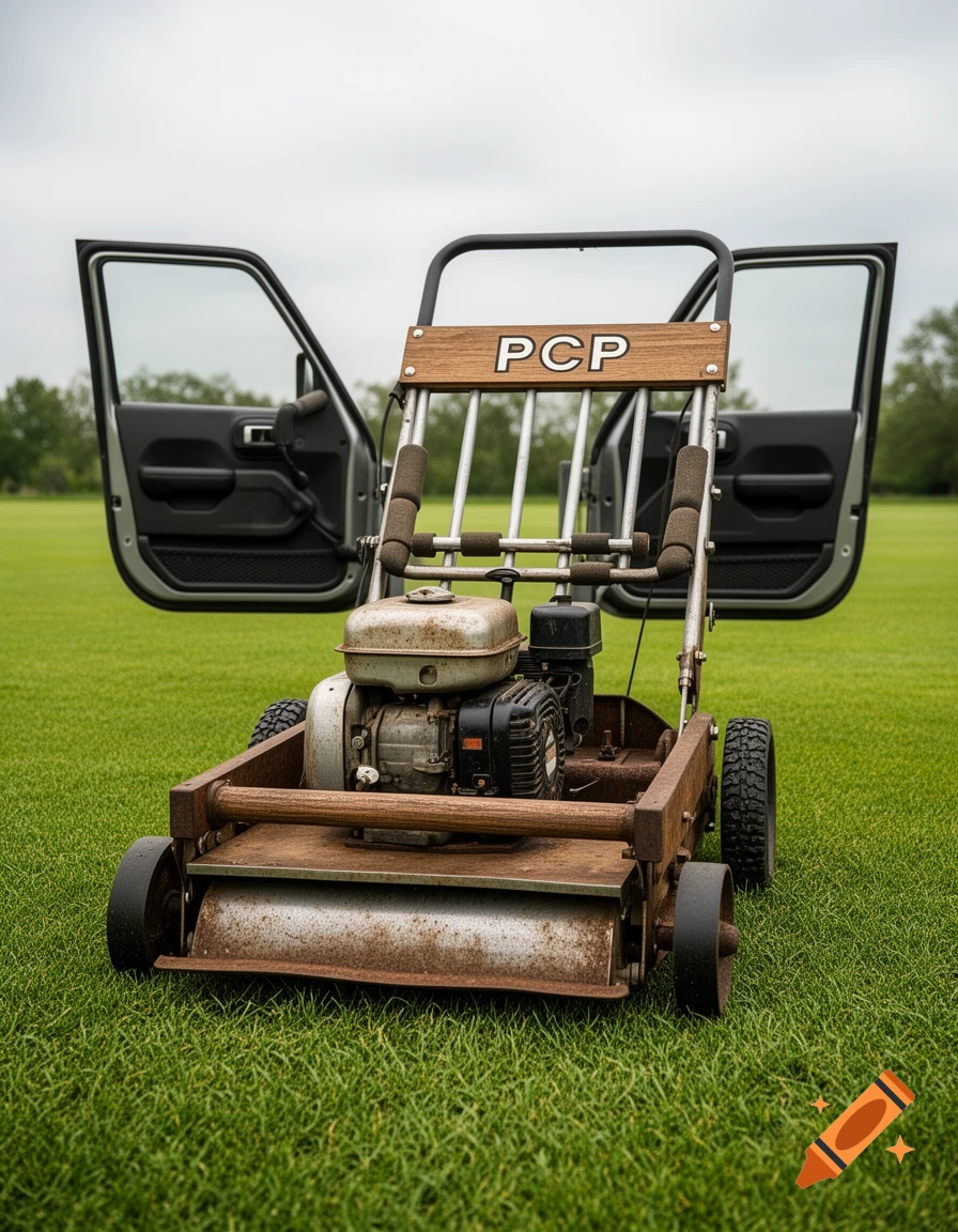 A rusty, old push lawnmower with a motor on top and "PCP" written on its wooden frame, in front of open Jeep Gladiator doors on a grassy field.