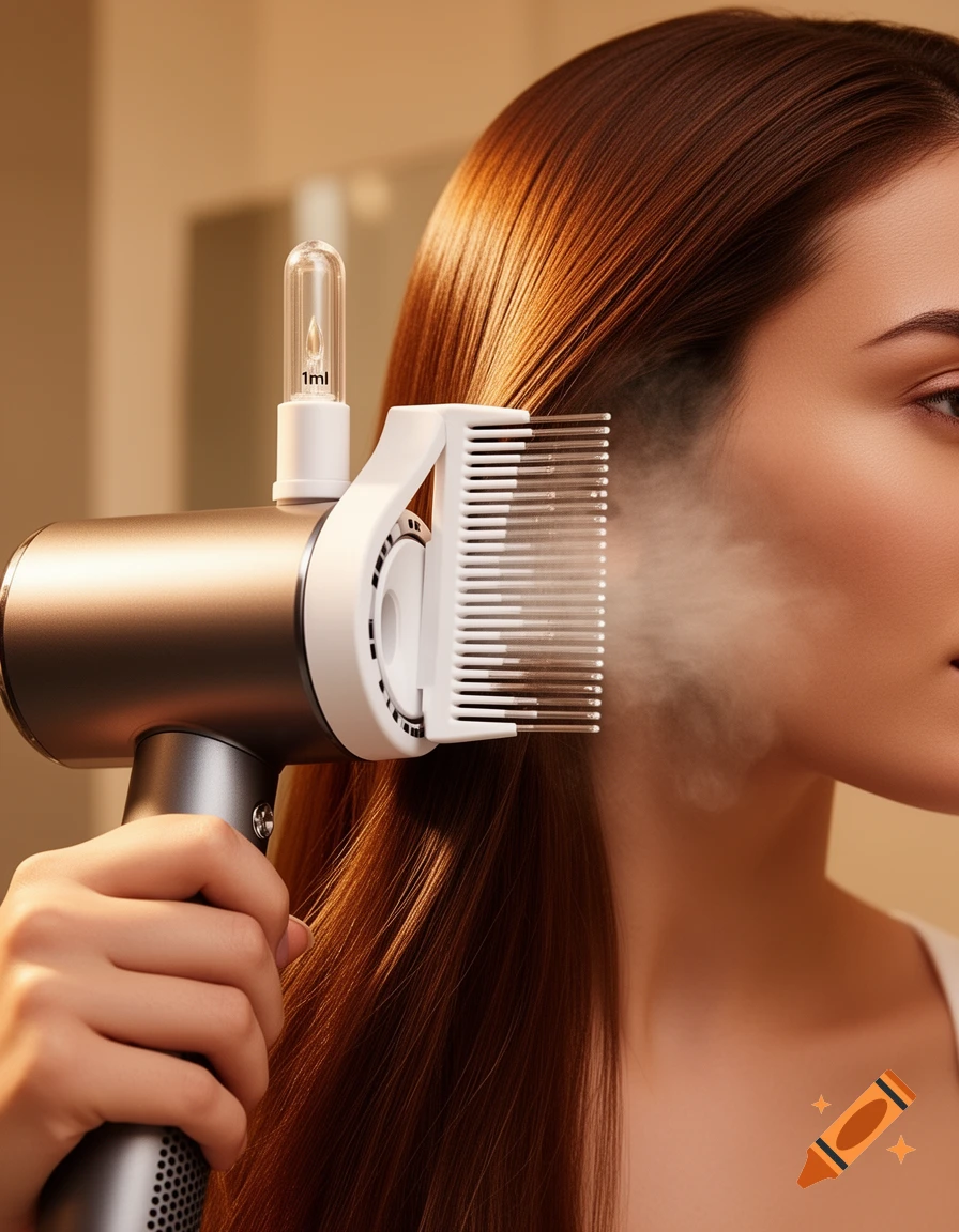 Close-up of a woman using a modern hairdryer with a comb attachment and a 1ml aromatherapy capsule, emitting a faint mist on her smooth, shiny hair.