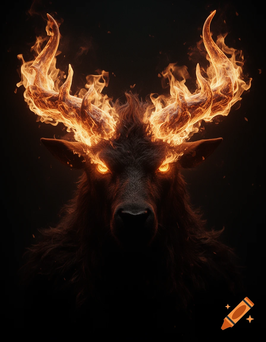 A dark, horned creature with glowing orange eyes and blazing fiery antlers against a black background.