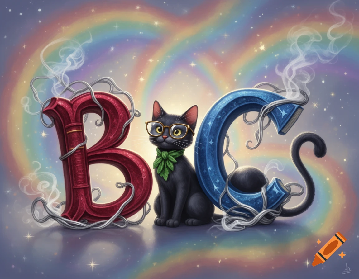 A stylized black cat with glasses and a green leaf collar sits between ornate red 'B' and blue 'G' letters, against a sparkly rainbow sky with smoke.