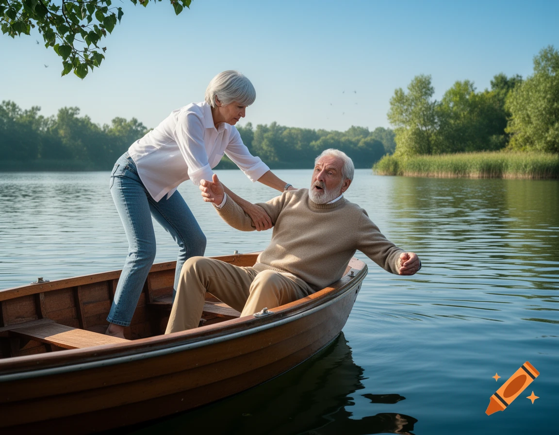 An older woman helps an older man in a wooden rowboat on a serene lake surrounded by trees.