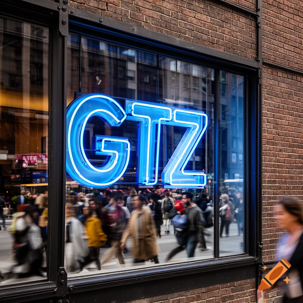 A blue neon sign spelling 'GTZ' is visible through a large window of a brick building, with blurred people walking on the street outside.