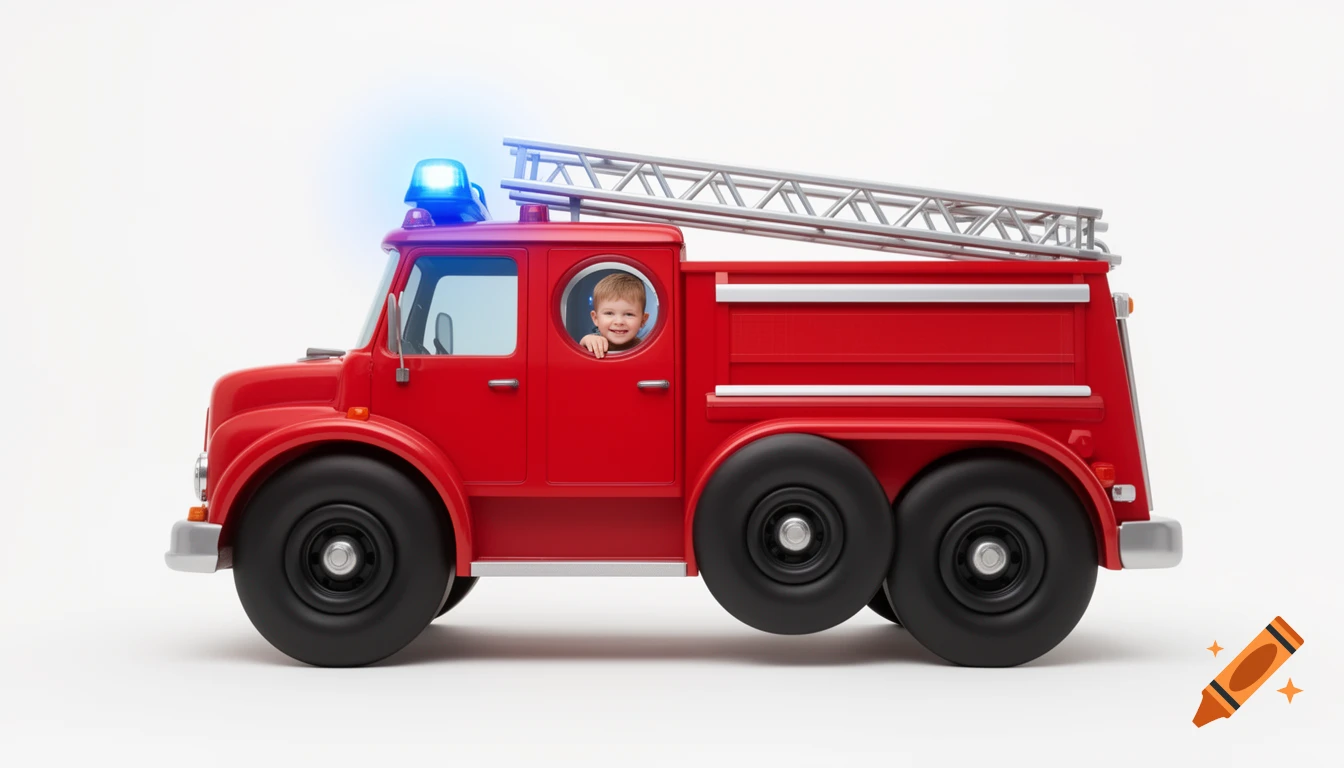 A red cartoon firetruck with a smiling child peeking from the window, blue flashing lights, and silver ladders on a white background.