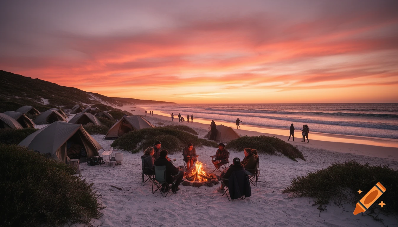 A group of people camp on a sandy beach at sunset, gathered around a bonfire with tents pitched nearby, under a vibrant orange sky.