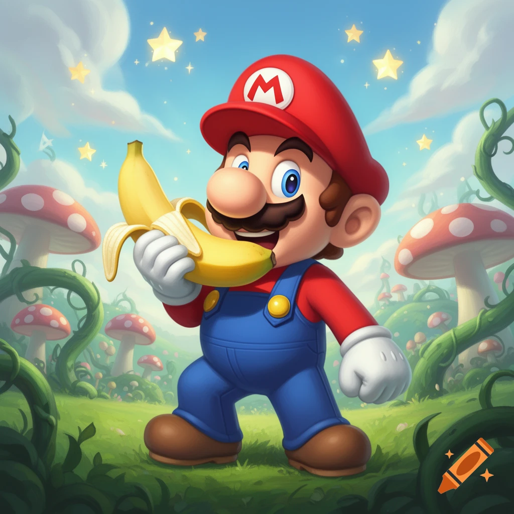 Cartoon Mario smiles while holding a partially peeled banana in a vibrant fantasy landscape with mushrooms and stars.