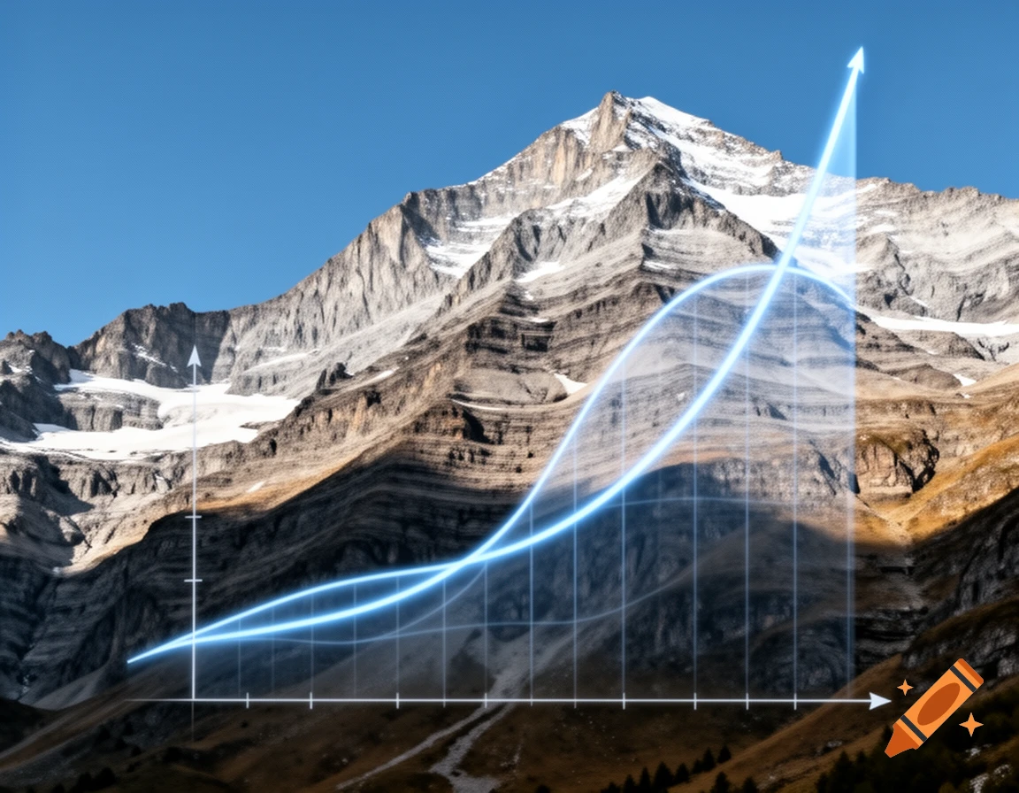 A majestic snow-capped mountain range under a clear blue sky with a glowing blue exponential graph overlaid.