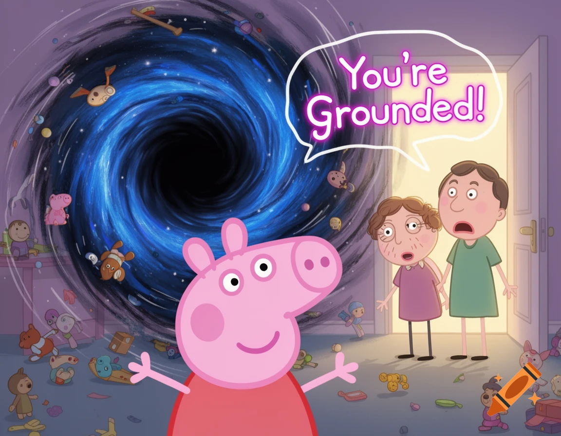 Cartoon Peppa Pig smiles as a black hole consumes toys in her room. Two adults look shocked as a speech bubble reads 'You're Grounded!'.