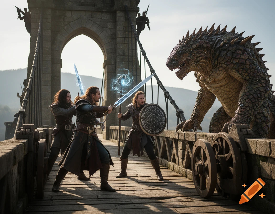 Three warriors with glowing swords battle a large scaly monster on a stone bridge, photorealistic.