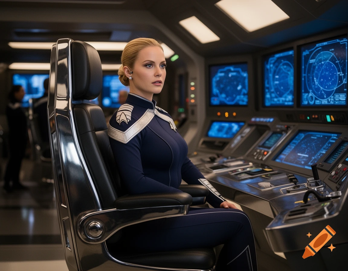 A blonde woman in a navy blue Starfleet-like uniform sits in a captain's chair on a futuristic spaceship bridge, looking right.