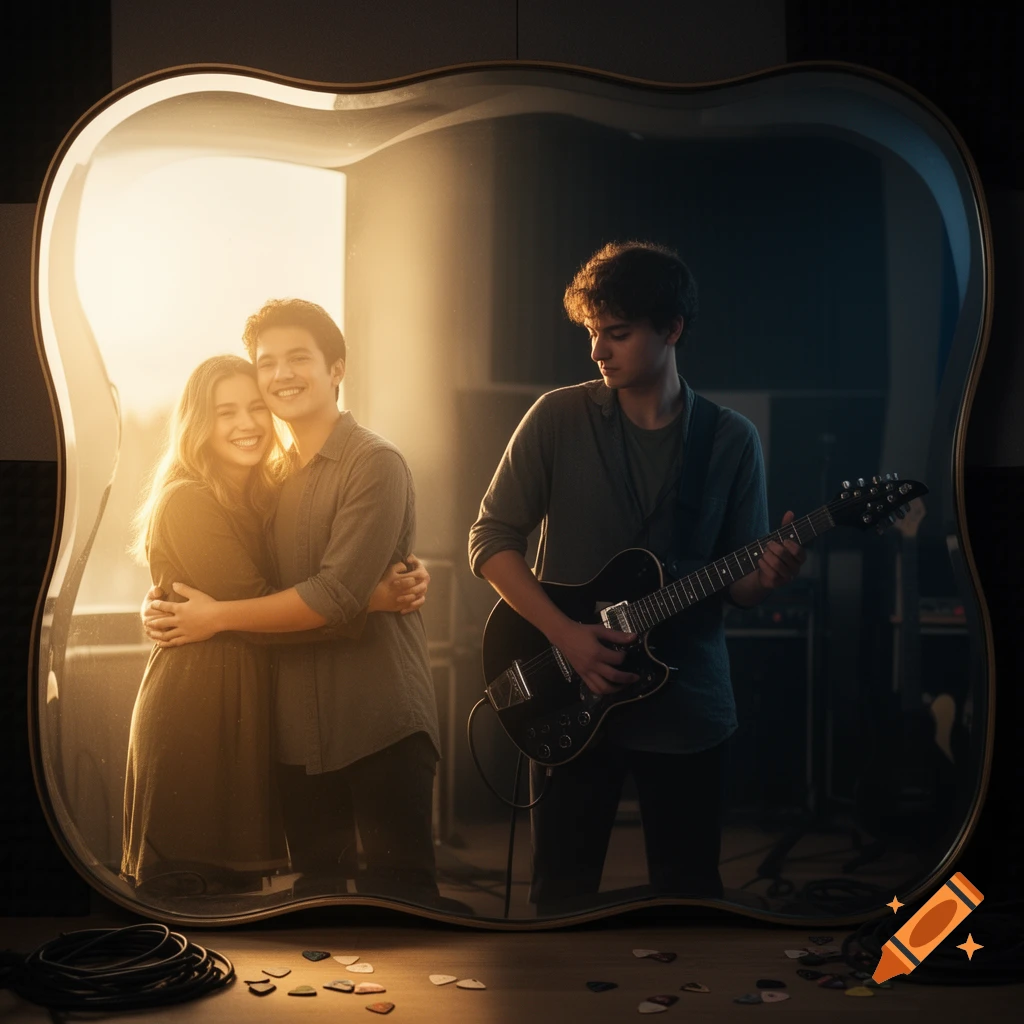 A young man playing a guitar while looking into a wavy mirror, which reflects him happily embracing a woman.