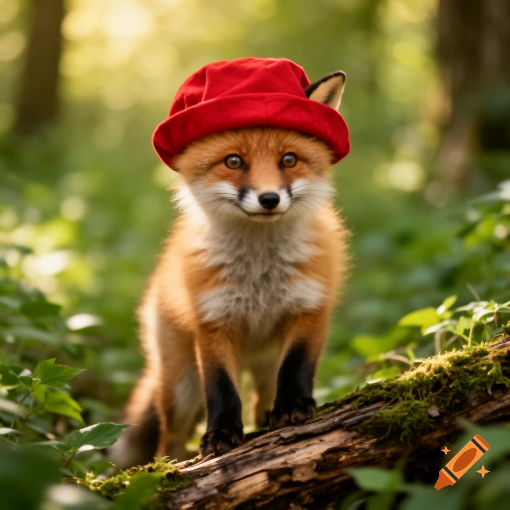 A cute fox wearing a red hat sits on a mossy log in a sun-dappled forest, looking directly forward.