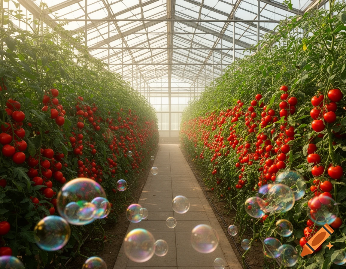 Photorealistic image of a professional tomato greenhouse aisle with ripe red tomatoes on plants and reflective bubbles floating.