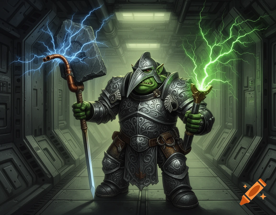 A heavily armored Warhammer Ork knight stands in a sci-fi corridor, wielding a blue lightning sword and a green lightning staff.