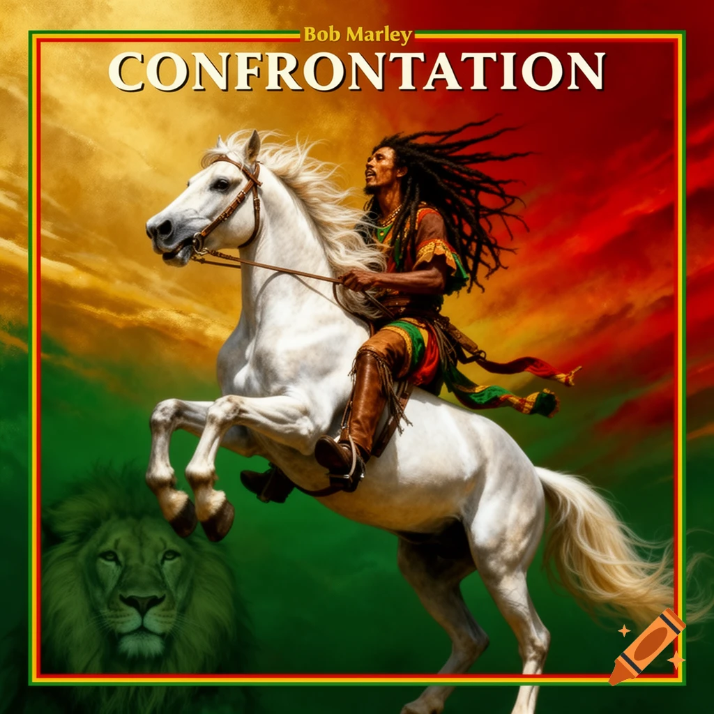 Bob Marley on a rearing white horse with a lion in a red, yellow, and green background, text 'Bob Marley CONFRONTATION'.