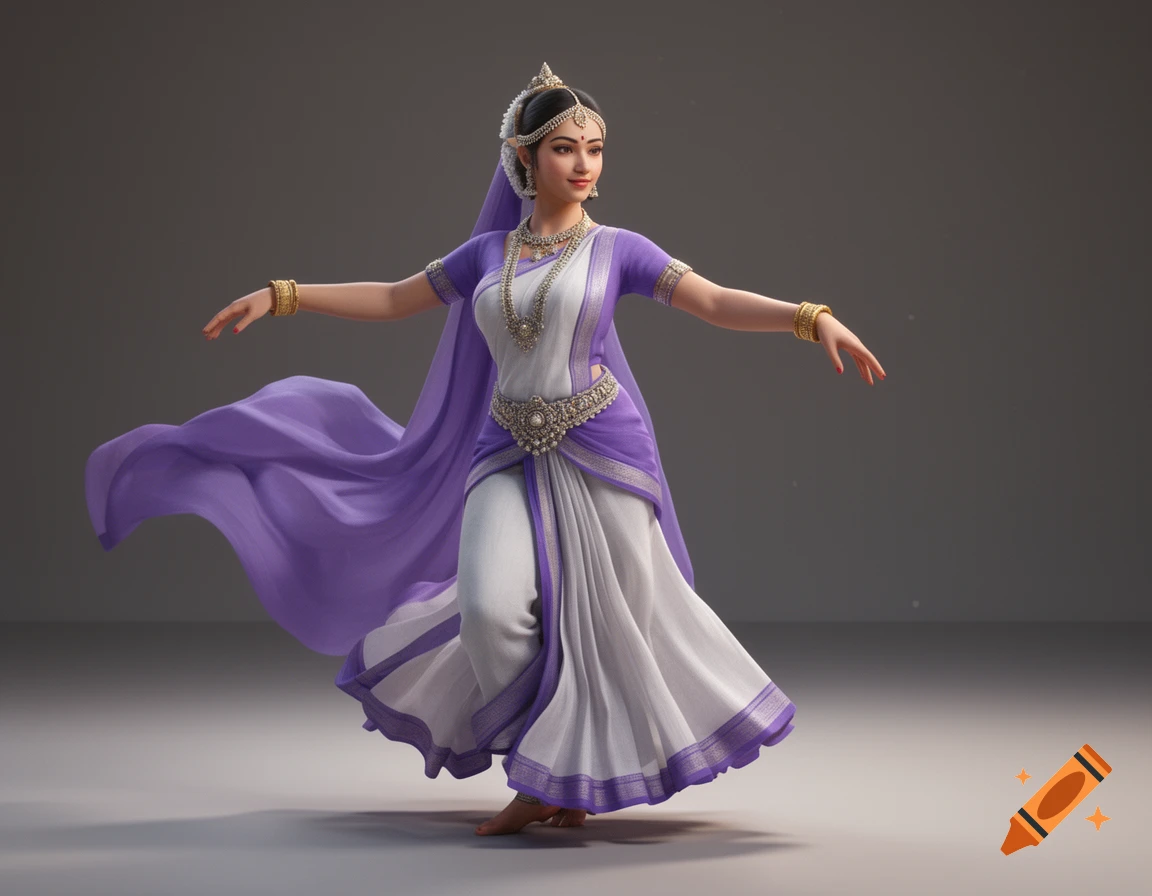 3D render of a woman in a periwinkle and white Indian apsara outfit with traditional jewelry, performing a dance pose.