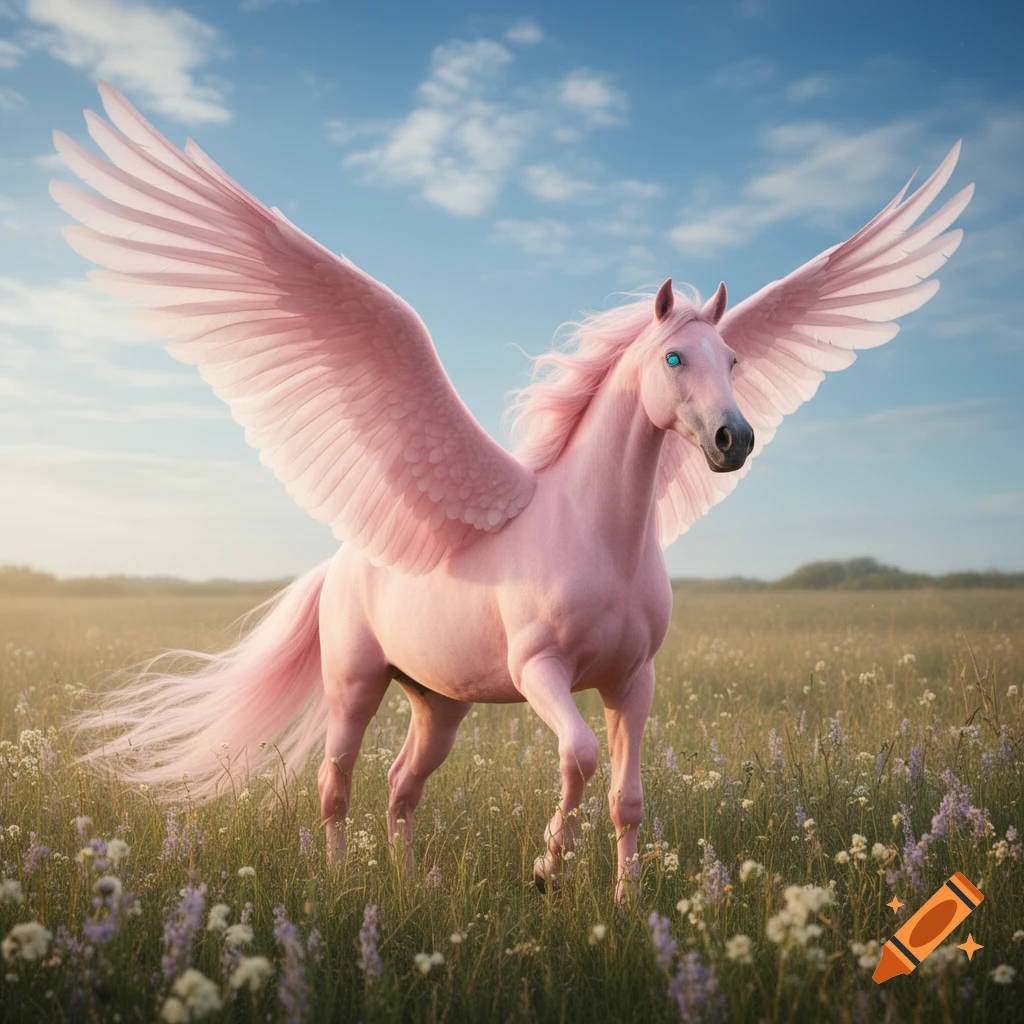 A vibrant pink pegasus with large feathered wings stands in a sunlit field of green grass and wildflowers under a blue sky.