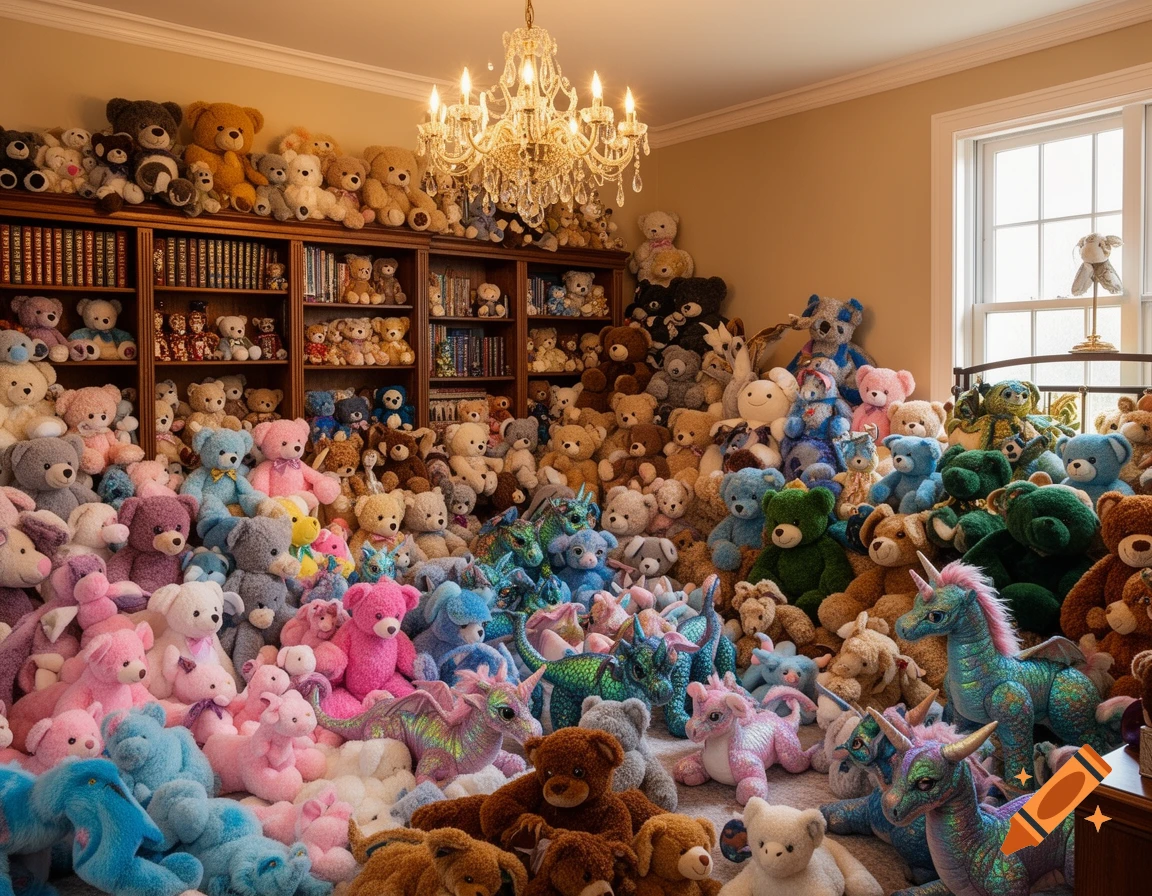 A room overflowing with a vast collection of colorful stuffed animals and dragons, filling shelves, the floor, and a bed. Photorealistic.