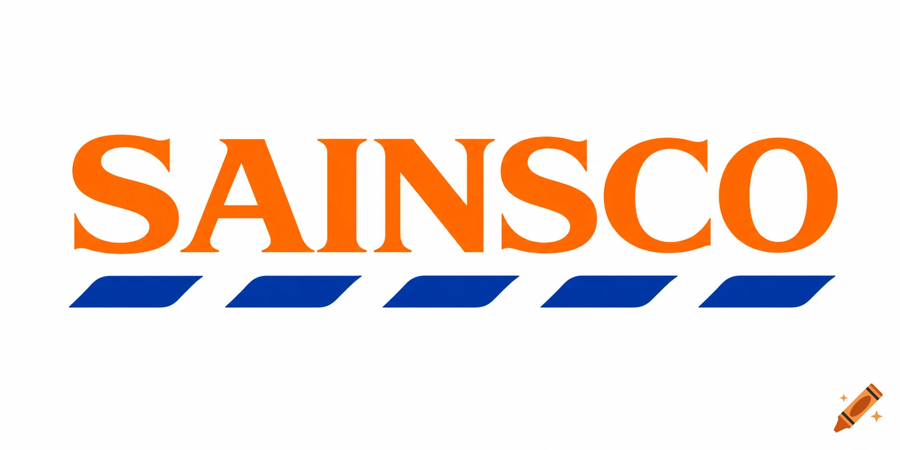 A minimalist corporate logo for "SAINSCO" in bold orange serif font, with five royal blue dashes underneath, on a white background.