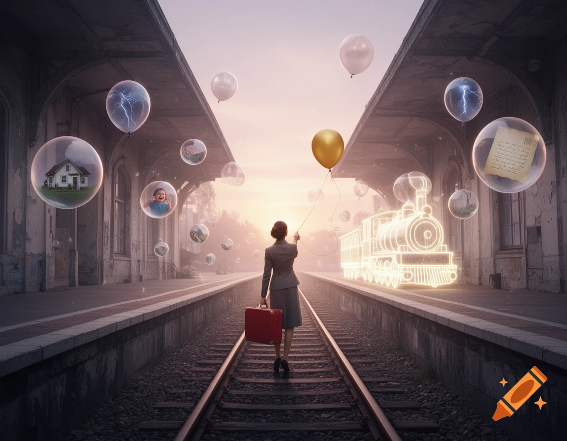 Woman with red suitcase and golden balloon walks on train tracks at a surreal station with memory bubbles and a glowing train.