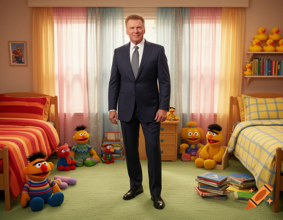 Vince McMahon in a pinstripe suit stands in a child's bedroom surrounded by colorful Sesame Street puppets like Ernie and Bert.