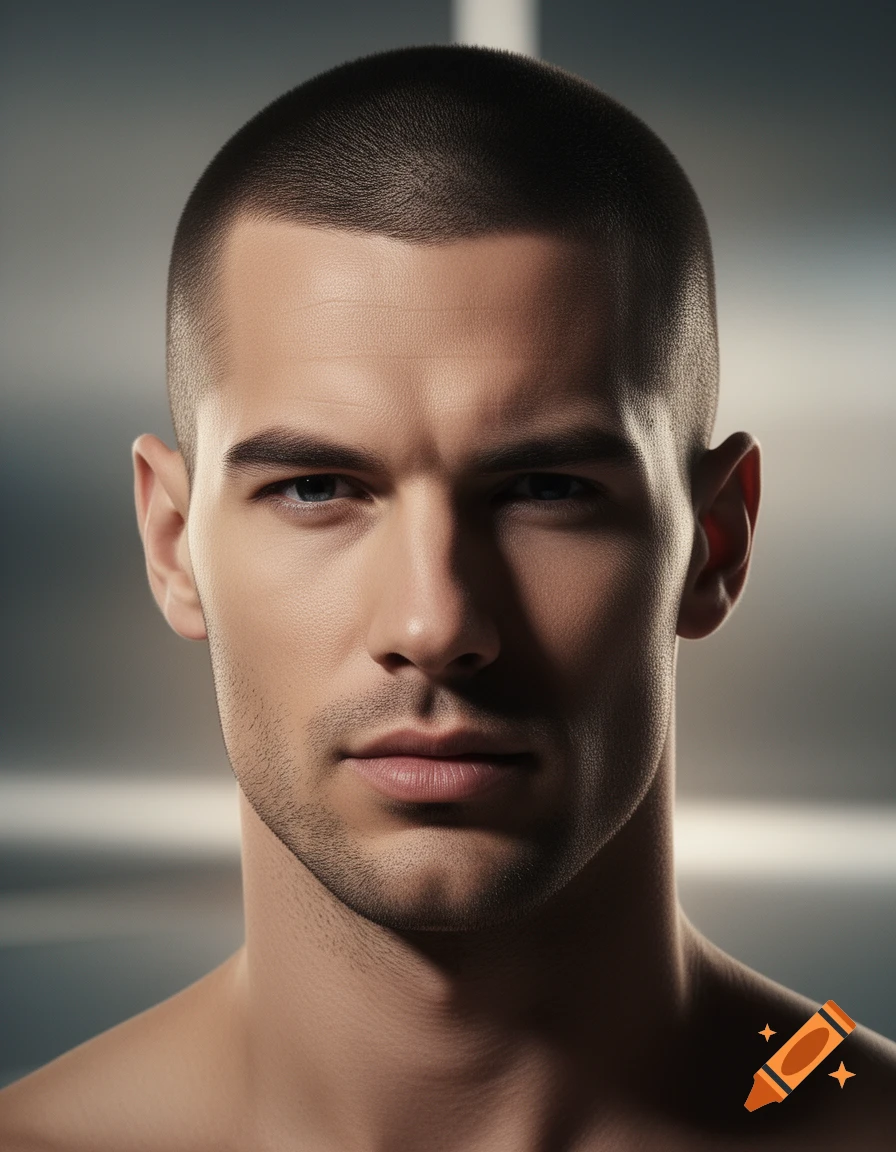 Close-up photorealistic portrait of a man with a buzz cut and stubble, looking forward.