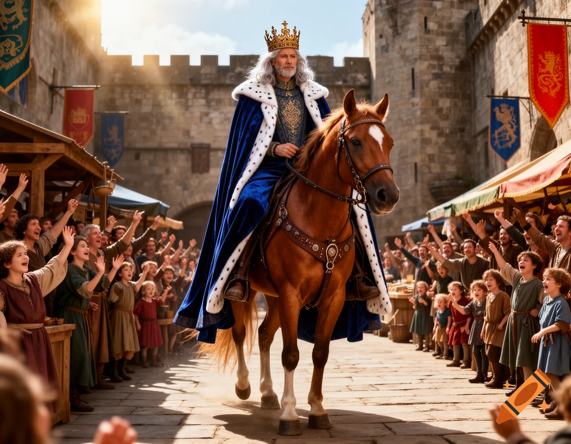 A crowned king on a brown horse rides through a medieval street, cheered by a large crowd, with castle walls behind.