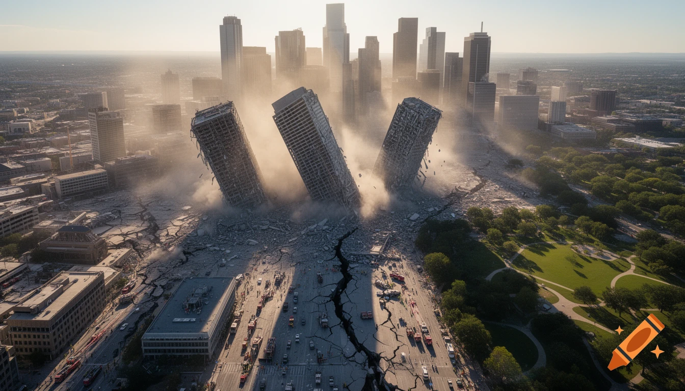 Aerial, photorealistic view of a modern city after an earthquake, showing three collapsing skyscrapers, cracked ground, and rising dust.