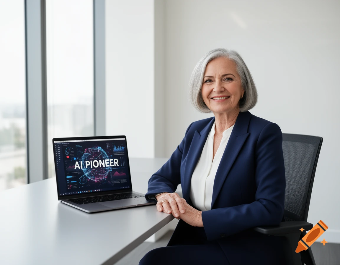A smiling older woman in a blue business suit sits at a desk with a laptop displaying 'AI PIONEER' and data graphics.
