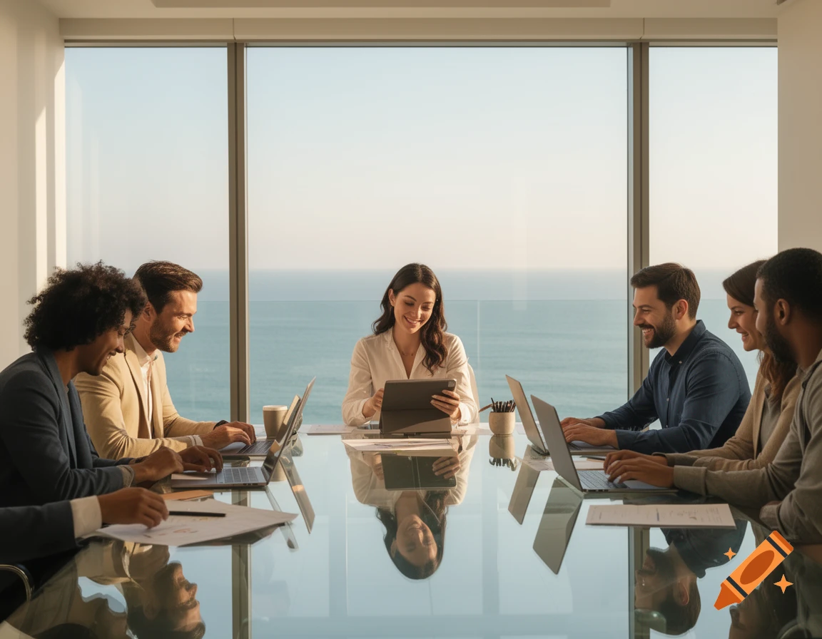 Diverse business professionals work at a reflective conference table in a modern office with an ocean view.