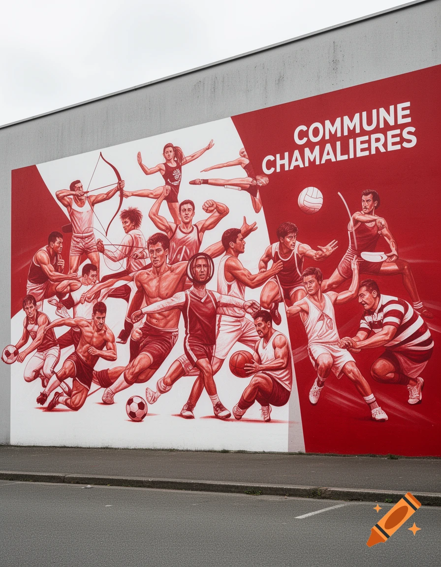 A vibrant red and white mural on a building wall featuring numerous athletes playing different sports, with 'COMMUNE CHAMALIERES' text.