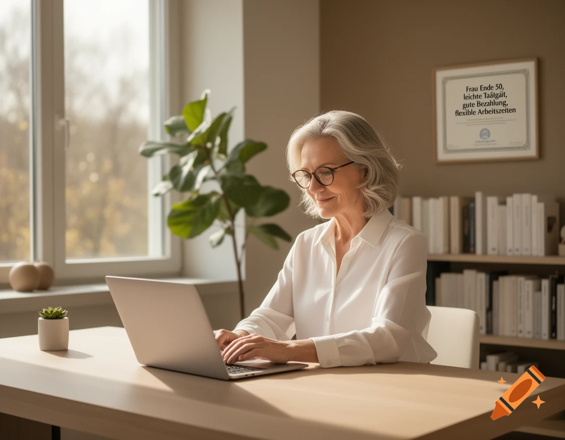 A smiling senior woman with gray hair and glasses sits at a desk, typing on a laptop in a bright office.