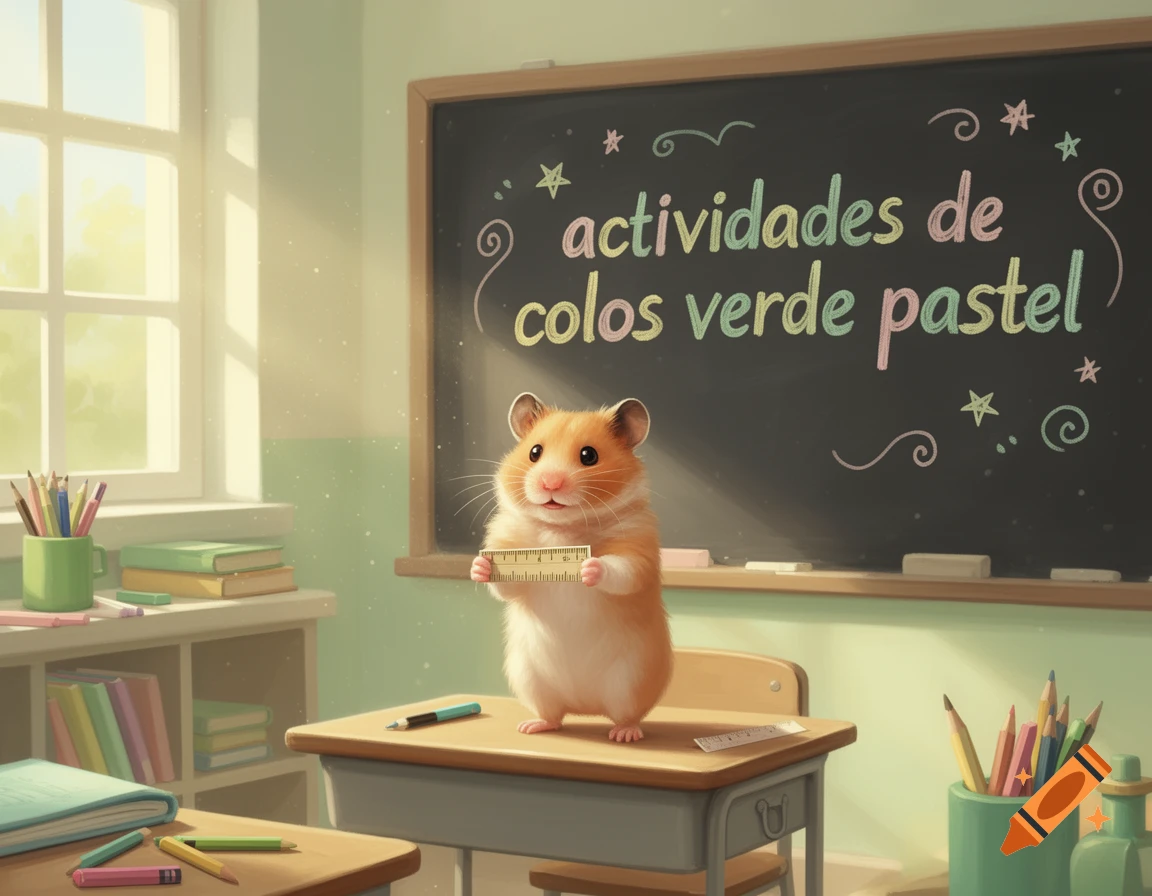 A cute hamster stands on a classroom desk, holding a ruler and facing a blackboard with colorful text that reads "actividades de colos verde pastel".