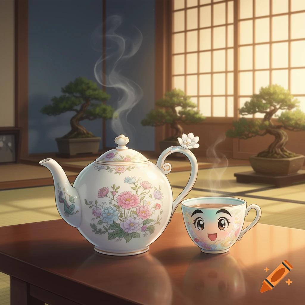 A cartoon white floral teapot and a cute, steaming teacup with a smiling face sit on a wooden table in a Japanese room with bonsai trees.