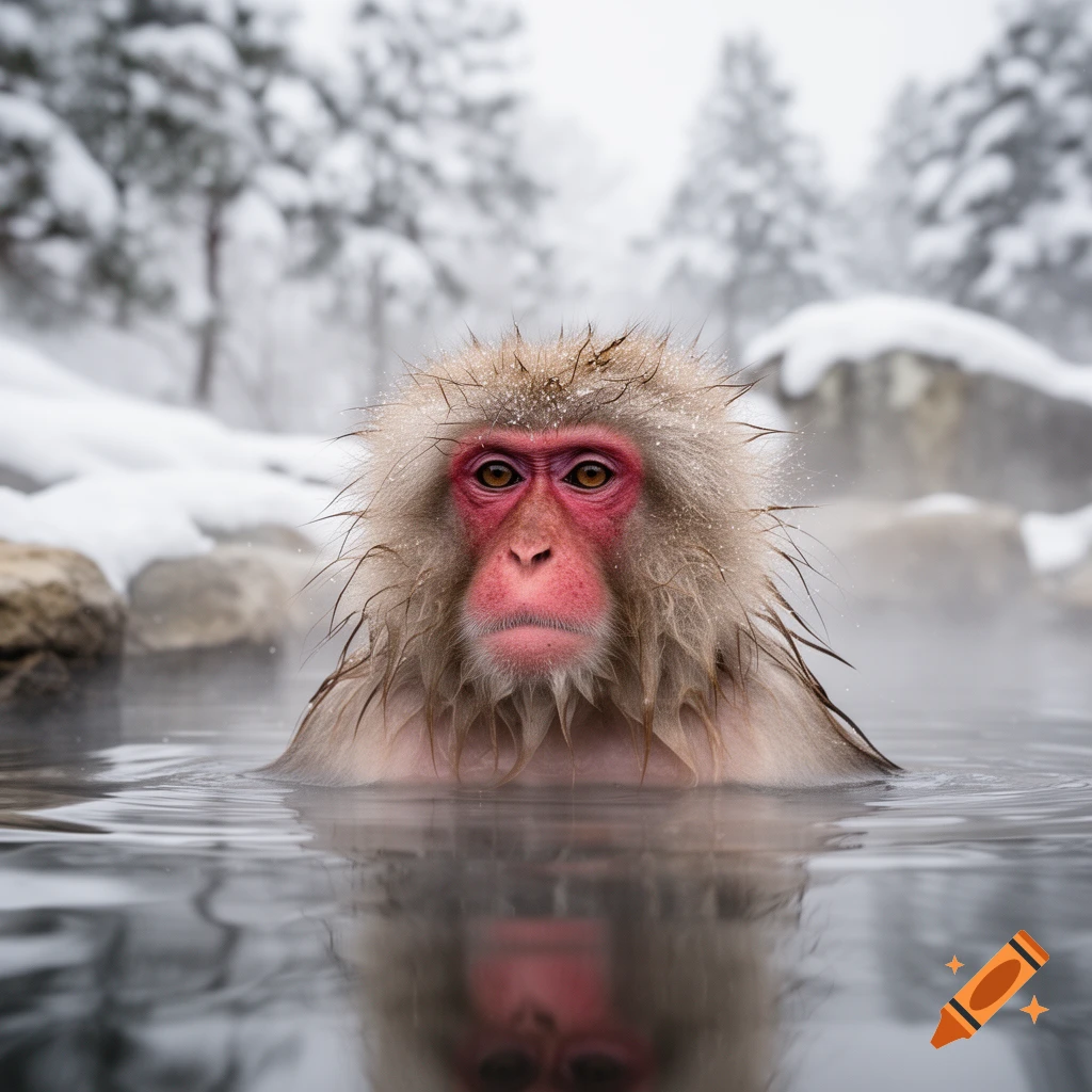 A snow monkey with a pink face and wet fur emerges from a steaming hot spring, surrounded by snow.