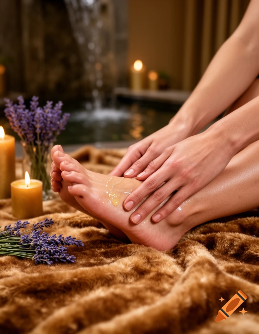 Close-up of hands massaging a foot with oil, surrounded by lavender and lit candles in a warm spa setting.