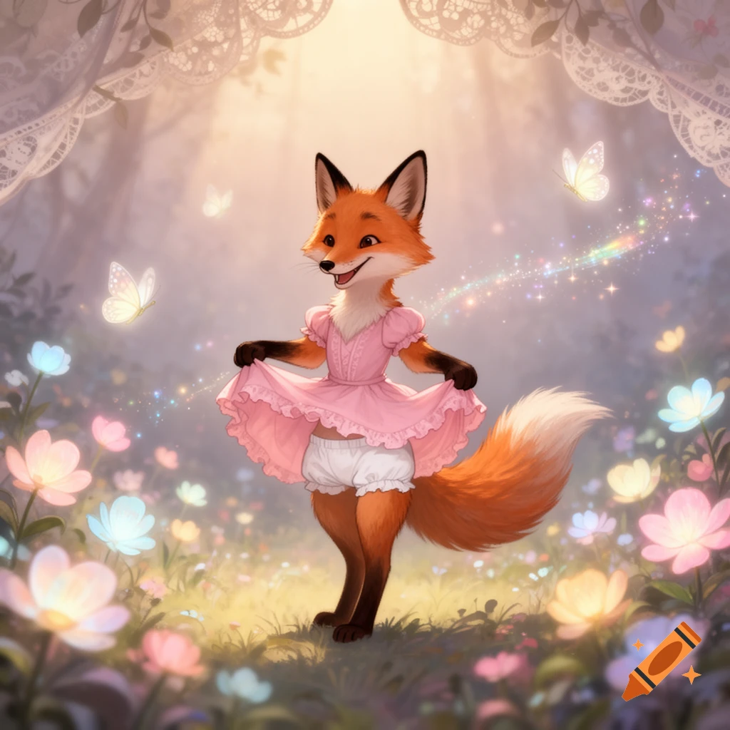 A cute animated fox in a pink dress and white bloomers dances in a magical flower garden with sparkling butterflies.