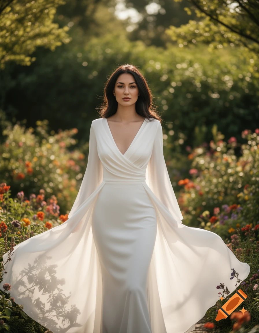 A photorealistic image of a woman in a flowing white dress standing in a vibrant garden path at sunset.