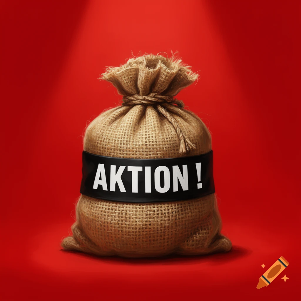 Photorealistic burlap sack with 'AKTION!' on a black band, against a red background.