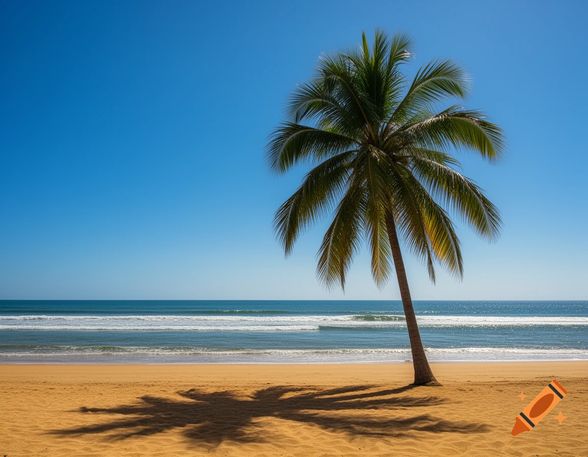 A single palm tree casts a shadow on a sandy beach next to the ocean under a clear blue sky, photorealistic style.