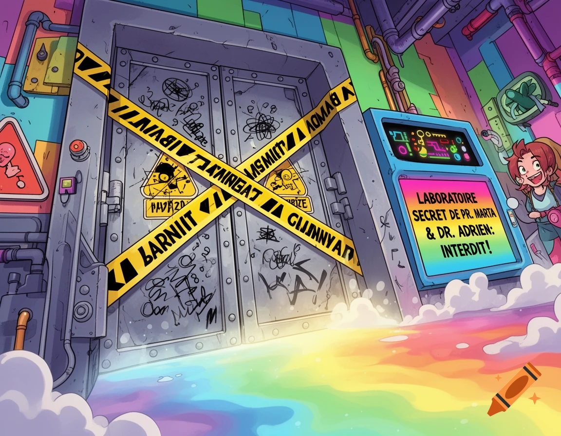A colorful manga-style illustration of a barred secret laboratory door with a rainbow flowing out, featuring a blue control panel and a cheerful character.