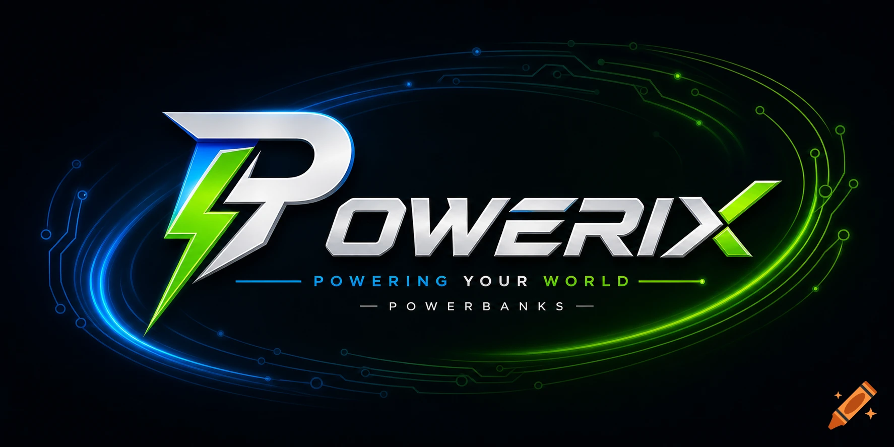 Powerix logo with a metallic P and green lightning bolt, featuring 'POWERING YOUR WORLD' and 'POWERBANKS' on a dark tech background.