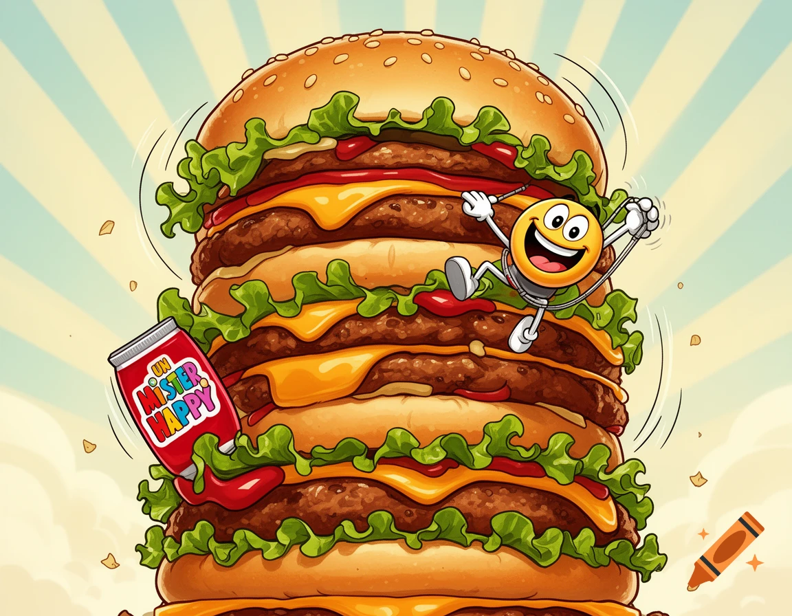 Cartoon Mister Happy character rappelling down a huge multi-patty cheeseburger next to a red soda can.