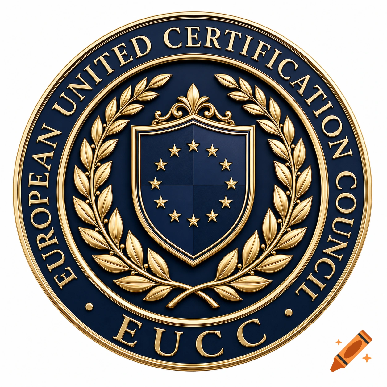 A luxurious circular heraldic seal logo in deep navy blue and metallic champagne gold, featuring a shield with stars surrounded by a laurel wreath, with text "EUROPEAN UNITED CERTIFICATION COUNCIL" and "EUCC" on the outer ring.