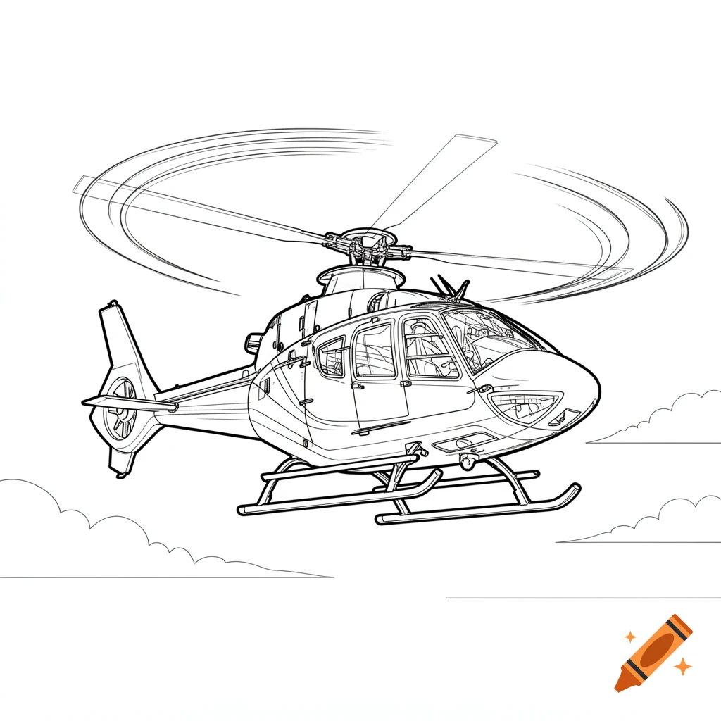 Line art drawing of a helicopter in flight, with subtle clouds in the background, ready for coloring.