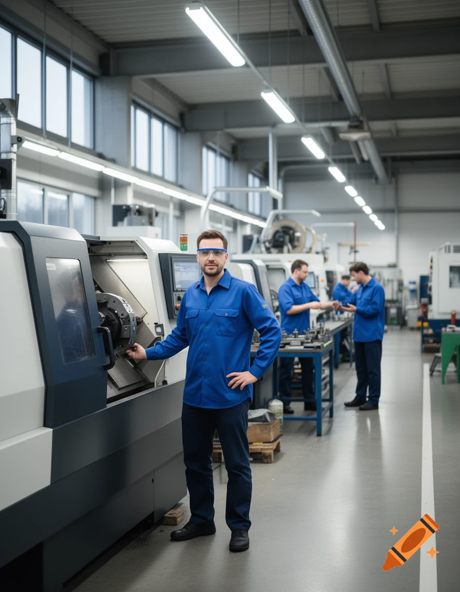 A man in a blue shirt and safety glasses stands next to a CNC machine in a bright, modern factory, with other workers in the background.