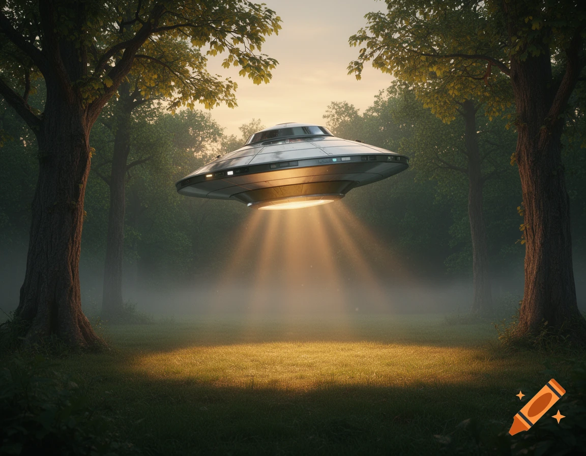A silver flying saucer hovers with a bright light beam in a misty forest clearing at sunset.
