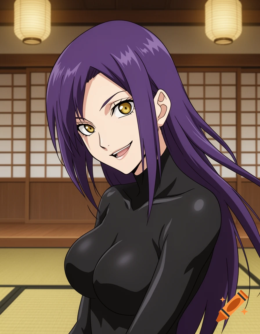 Anime woman with long purple hair and yellow eyes, wearing a black bodysuit, smiles playfully in a Japanese-style room.